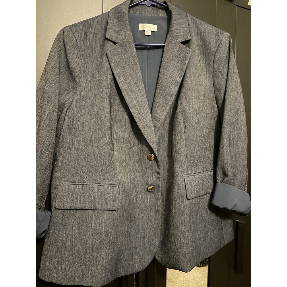 Tahari Arthur S. Levine Women's 14W Blue Button Blazer Lined Long Sleeve Pockets